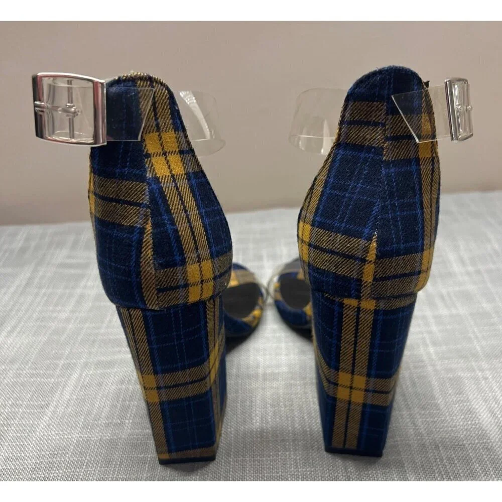 Dolls Kill Womens Plaid Block Heels Size 7 Blue Yellow Clear Straps
